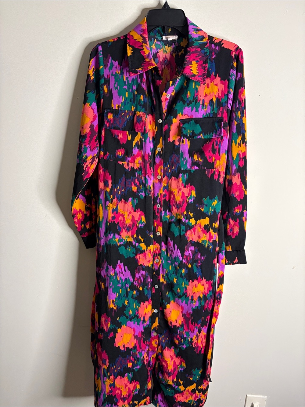 Long Sleeve Black Multicolor Abstract Shirt Dress